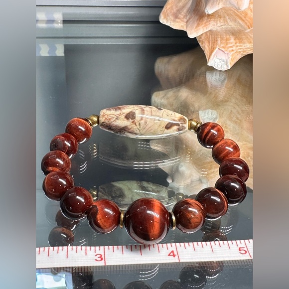 RED TIGERS EYE + MUSHROOM JASPER NATURAL STONES BRACELET size 7” - Picture 6 of 9